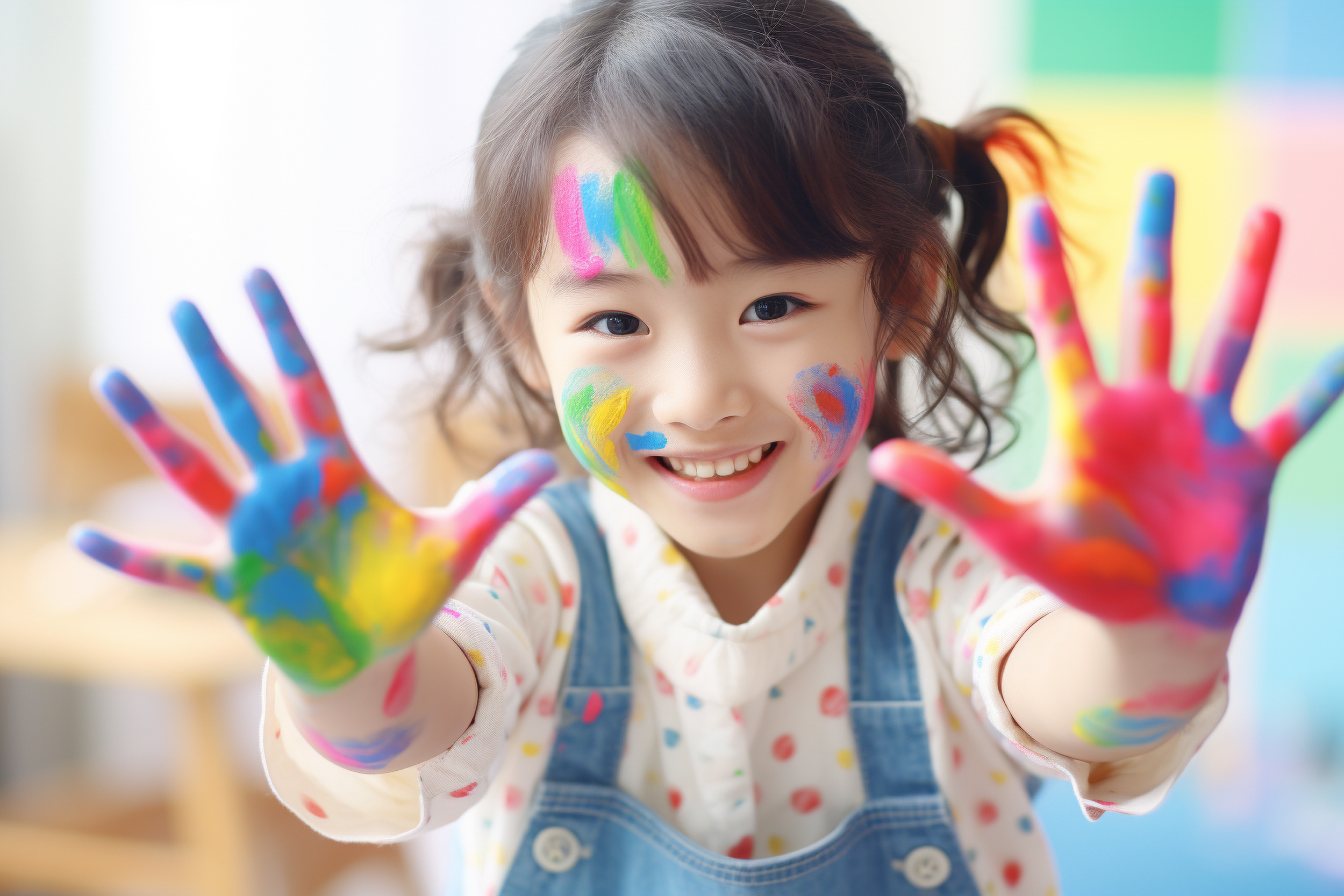 手に絵の具をつけて笑顔を見せる子ども